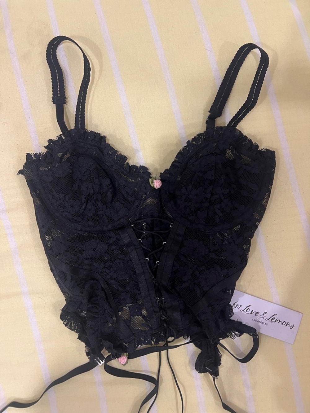 For Love And Lemons Black Lace Corset Bustier with Rose Accents